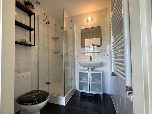 y baño con aseo, lavabo y ducha. en Modern Vacation home - Near the Wadden Sea en Tzummarum