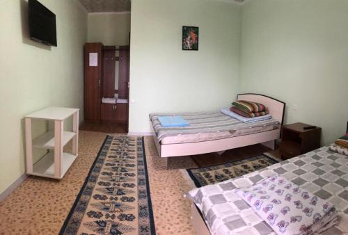 a bedroom with two beds and a tv in it at AltynAi Guest House in Cholpon-Ata