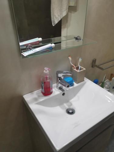 a bathroom sink with a soap bottle and a mirror at ARIN alojamientos in Lleida