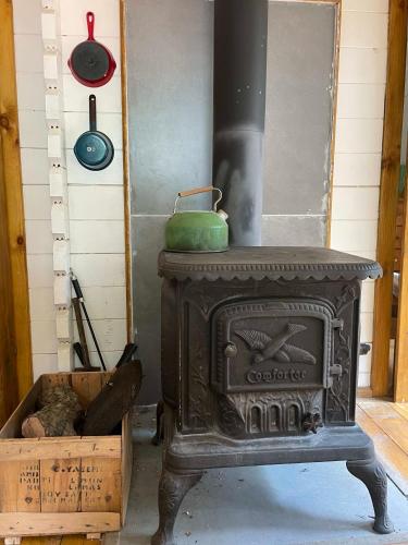an old wood stove in a room with a box at Chatka nad Liwcem in Iły
