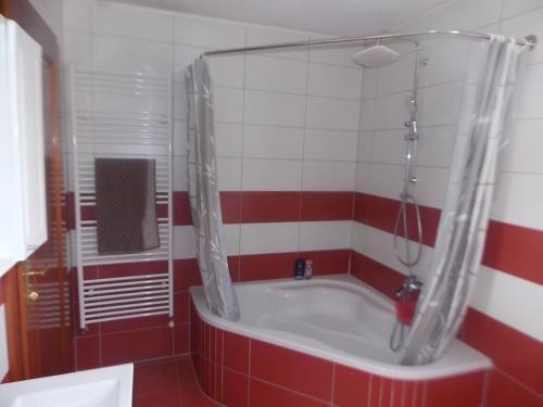 een rode en witte badkamer met een bad bij Kuća za odmor V&E in Bihać