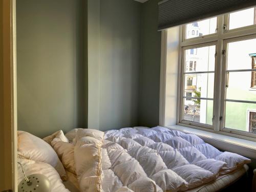 ein großes Bett in einem Zimmer mit Fenster in der Unterkunft Briskeby Bliss in Oslo