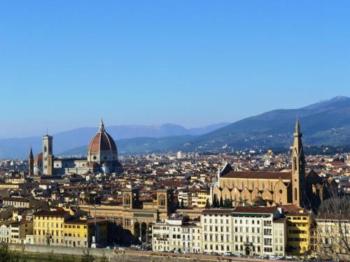 a view of a city with mountains in the background at Camping Village Mugello Verde in San Piero a Sieve