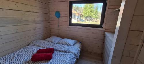 Łóżko w drewnianym pokoju z oknem w obiekcie Pietraszówka w mieście Piertanie