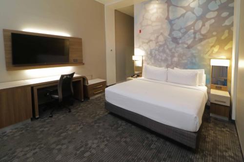 a hotel room with a bed and a desk and a television at Courtyard Monterrey Airport in Monterrey