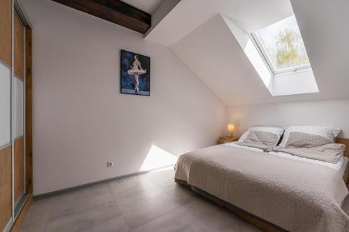 a white bedroom with a bed and a skylight at Apartamenty Przeczyce in Przeczyce