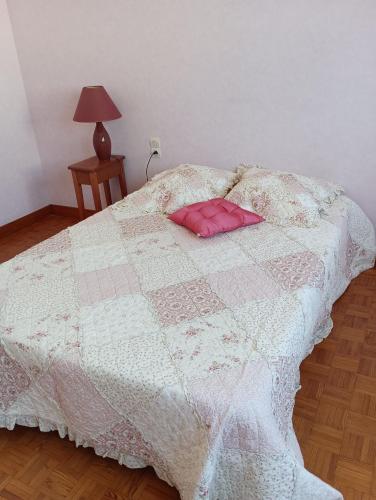 a bed with two pink pillows on top of it at Maison in La Flèche
