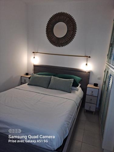 Schlafzimmer mit einem Bett und einem Spiegel an der Wand in der Unterkunft Super appartement vue Sanguinaires in Ajaccio