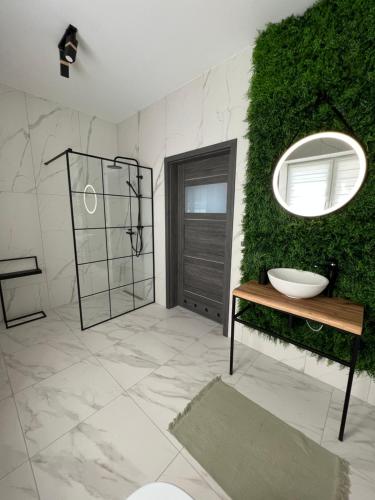 La salle de bains est pourvue d'un mur vert avec un lavabo et un miroir. dans l'établissement Kierunek Górki, 