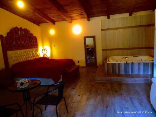 1 dormitorio con cama y bañera. en Rincón del Bosque, en Mazamitla
