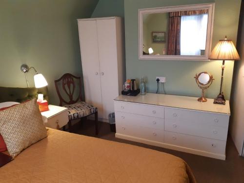 a bedroom with a bed and a dresser and a mirror at Holywell House in Loughborough