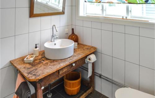 La salle de bains est pourvue d'un lavabo sur une table en bois. dans l'établissement 4 Bedroom Beautiful Home In Eskilstuna, à Sundby