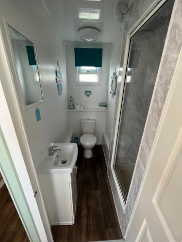 uma casa de banho com um WC, um lavatório e um chuveiro em Once Upon a Tide - Bridlington Chalet em Bessingby