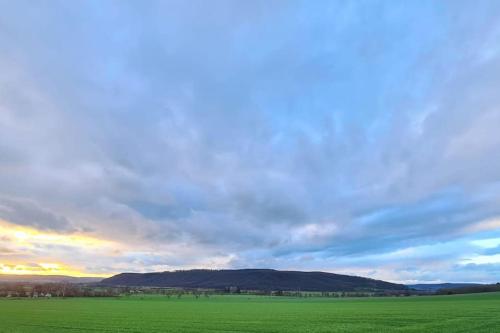 a green field with a cloudy sky in the background at Wunderschöne Wohnung in Bevern - Holzminden in Bevern