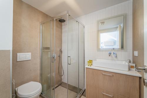 a bathroom with a shower and a toilet and a sink at TRL Lefkada in Nydri