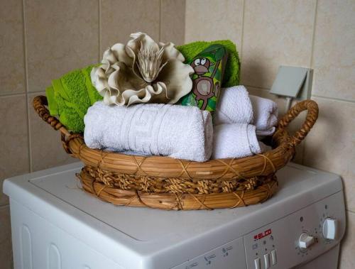 un cesto di asciugamani e asciugamani in cima a una lavatrice di Πράσινη πινελιά διαμέρισμα a Kíssamos