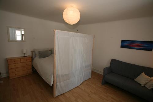 een woonkamer met een bed en een bank bij Domaine La Bonne Dame I in Plainfaing