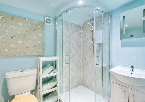 a bathroom with a shower and a toilet and a sink at Scapa Lodge in Tunstall