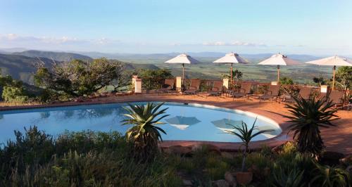 a swimming pool with chairs and umbrellas on a mountain at Pakamisa Private Game Reserve in Pongola