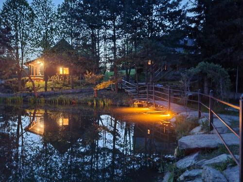 a house in the middle of a pond at night at Domek Nad Stawem II in Limanowa