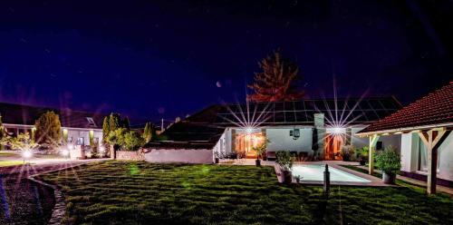 a house at night with lights in the yard at Szent György Kúria in Kisharsány