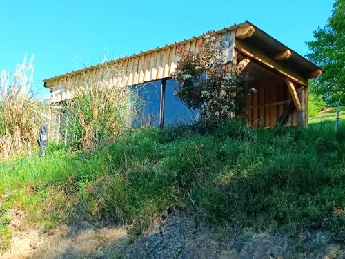 a cabin on the side of a grassy hill at Gite du pic vert in Rivèrenert