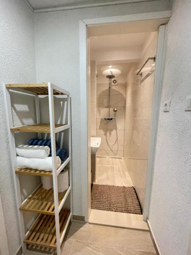 a bathroom with a walk in shower next to a sink and a toilet at Apartments Luna in Baška