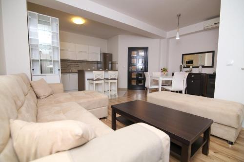 a living room with two couches and a table at Ohrid City Apartments in Ohrid