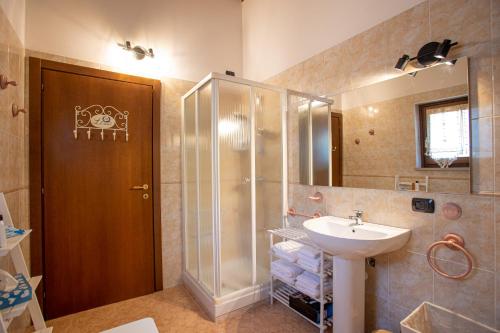 uma casa de banho com um chuveiro e um lavatório. em Casa vacanze Monte Galetto em Bussolengo