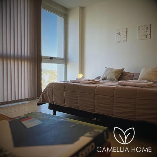 a bedroom with a bed and a window at C A M E L L I A - H O M E in Cipolletti