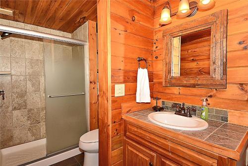 y baño con lavabo, ducha y aseo. en Falls Brook Camp, en Stowe