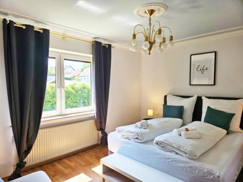 two beds in a room with a window at Bavaria Home: Terrasse, Küche, Netflix in Wolnzach