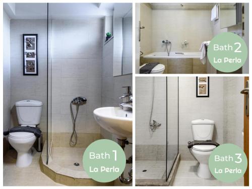 three pictures of a bathroom with a toilet and a shower at La Perla di Nafplio - La Diva di Nafplio - 2 VIP Villas in Nafplio