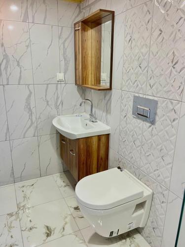 a bathroom with a toilet and a sink at lemon garden bungalow in Demre