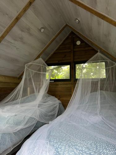 two beds with mosquito nets in a attic at Vrijstaand Houten huis in het bos in Haaksbergen