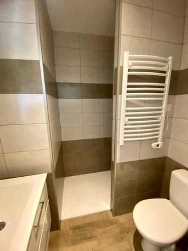 une petite salle de bain avec toilettes et douche dans l'établissement Cosy apartment in Cannes with a terrasse, à Cannes