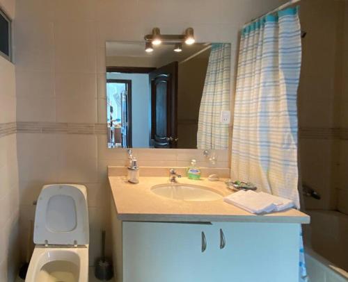 een badkamer met een wastafel, een toilet en een spiegel bij Dpto. Cómodo, Soleado Dpto Z. Sur, Teleférico ONU in La Paz