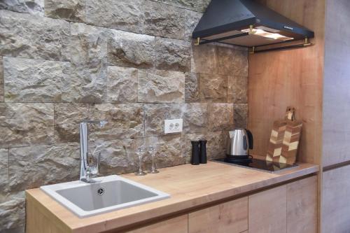 uma cozinha com um lavatório e uma bancada em Misisuone Apartments Budva em Budva