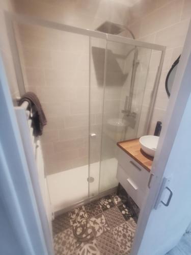 a bathroom with a shower and a toilet and a sink at Appartement avec terrasse in Vichy