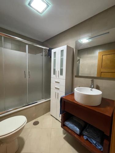 a bathroom with a sink and a shower and a toilet at APARTAMENTO DE LUJO EN PLANTA BAJA CON PISCINA EN LA TORRE GoLF RESORT in Roldán