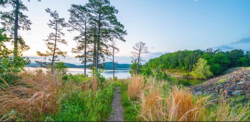 a path through the grass next to a lake at Hickory Bear - Cabin surrounded by pines, Sleeps 10, Hot Tub, Fire Pit, Arcade, Foosball Table & Deck Slide in Broken Bow