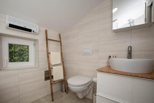 łazienka z toaletą, umywalką i oknem w obiekcie Apartment Eros w mieście Šišan
