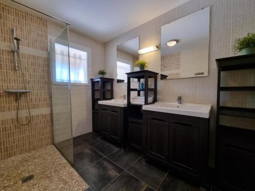 W łazience znajdują się 2 umywalki, prysznic i lustro. w obiekcie Le Jardin des Olives w mieście Caunes-Minervois
