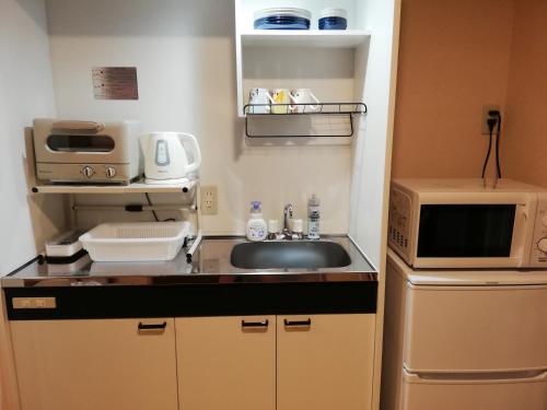 a small kitchen with a sink and a microwave at くまの蔵inn Warehouse in Shingu