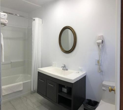 W łazience znajduje się umywalka, prysznic i lustro. w obiekcie Duck Cove Inn w mieście Margaree Harbour