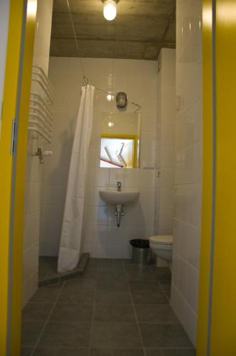 a bathroom with a shower and a sink and a toilet at Trafo Base Camp in Kroczyce