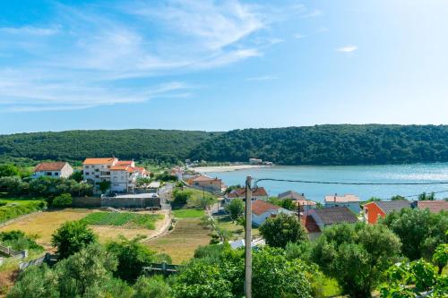 a small town with a beach and a body of water at Apartments Zeljko in Kampor