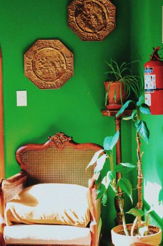 a green room with a chair and a green wall at Posada Del Fin Del Mundo in Ushuaia