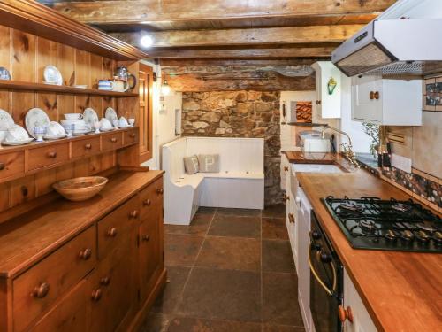 a kitchen with wooden cabinets and a counter top at Penywhelp House in Cardigan
