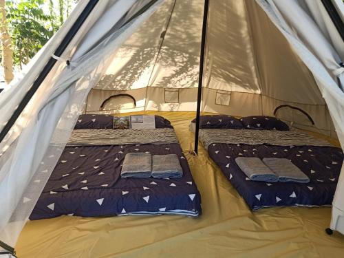 une tente avec 2 lits au milieu dans l'établissement Suối Đá F-Glamping, à Ấp Long Lâm